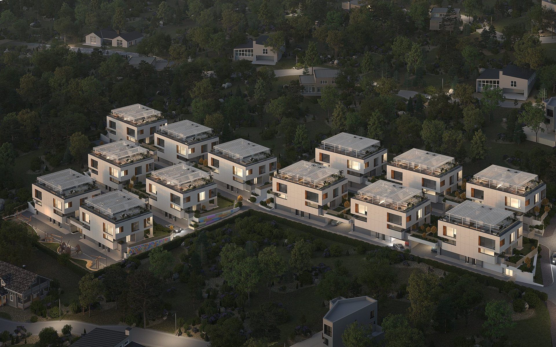 Aerial view of the VIGARDEN twin houses at the foot of Vitosha